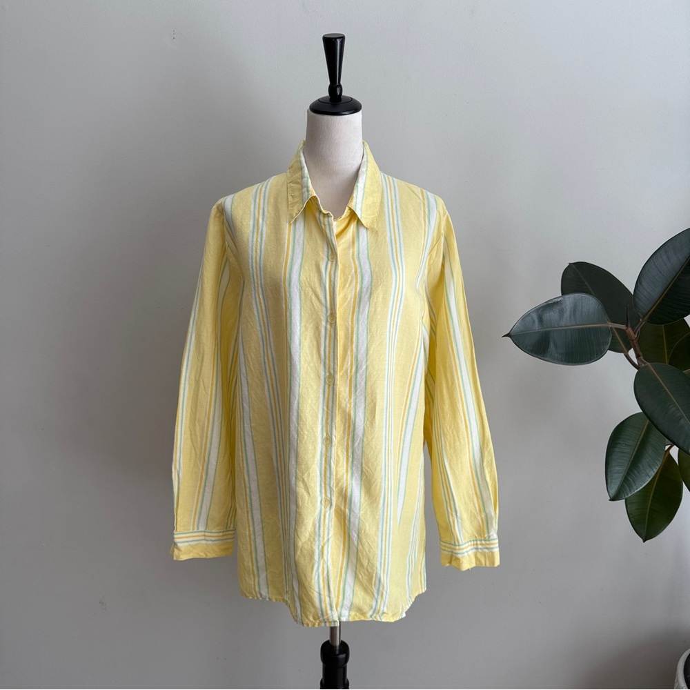 Sag Harbor Linen Blend Vertical Stripe Button Down Shirt
